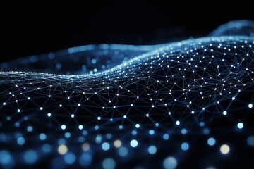 Abstract digital landscape with glowing blue nodes connected by lines on a dark background. networking and data