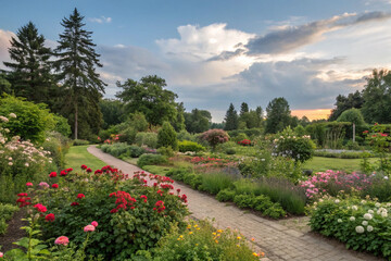 Obraz premium Serene Sunset Stroll Through a Blooming Botanical Garden