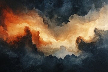 Abstract painting depicting a dramatic cloudscape with vibrant orange and dark hues, creating a moody and atmospheric scene