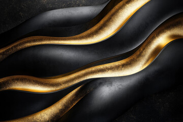 Golden particles are elegantly flowing on dark abstract waves, creating a luxurious and sophisticated backdrop