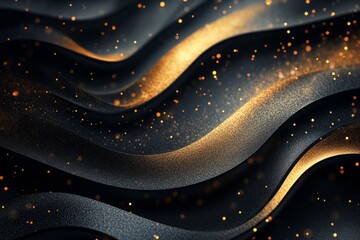 Golden particles floating over a wavy black fabric, creating a luxurious and elegant abstract background