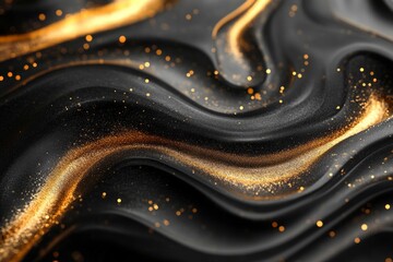 Wavy black and gold background flowing smoothly with glitter, creating a luxurious and elegant abstract design