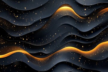 Golden particles floating over a wavy black fabric, creating a luxurious and elegant abstract background