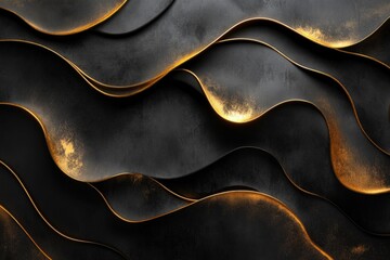 Golden particles floating over a wavy black fabric, creating a luxurious and elegant abstract background