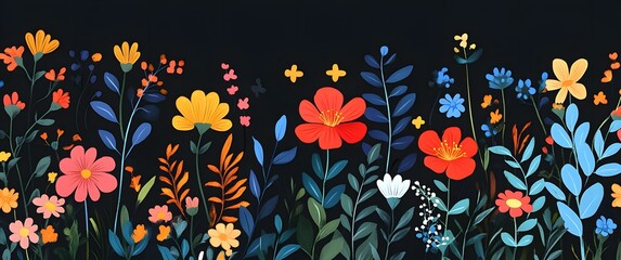 Vibrant floral pattern with colorful blooms on black background