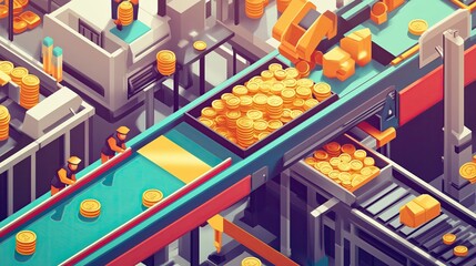 Isometric pixel art gold mint factory, tiny animated workers pouring gold bars, conveyor belts with bouncing coins
