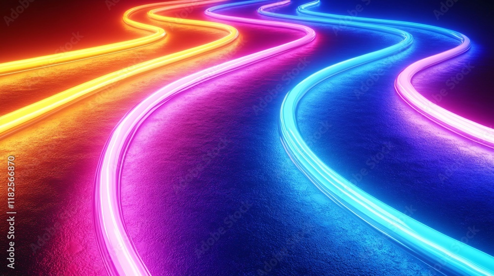 Poster vibrant neon light trails creating a colorful abstract pattern in dark space
