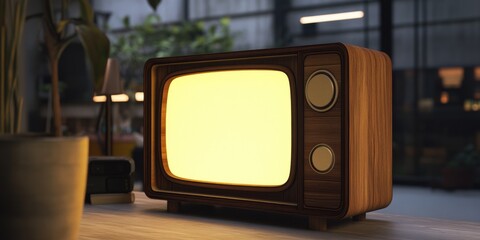 A classic TV set sits atop a wooden table, with a nostalgic feel