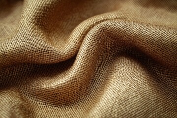 Close-up of brown burlap fabric forming gentle waves, showcasing its eco-friendly texture, ideal for backgrounds and rustic design projects