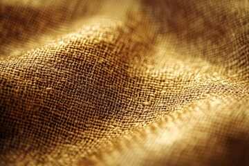 Golden burlap fabric with visible texture and weaving in soft, warm light