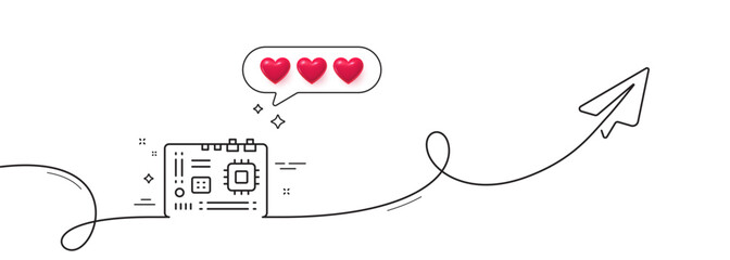 Motherboard line icon. Continuous line with share plane. Computer component hardware sign. Hearts rate review in speech bubble. Motherboard single line ribbon. Loop curve pattern. Vector