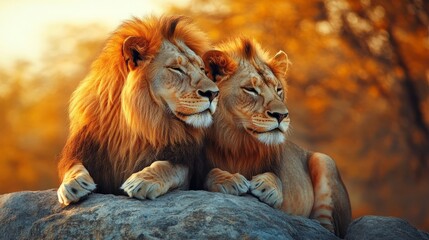 Fototapeta premium Majestic male lions resting on rock in golden sunset landscape