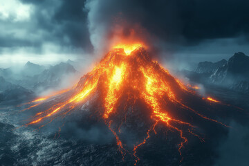 Fototapeta premium Volcan en éruption avec flux de lave et ciel menaçant