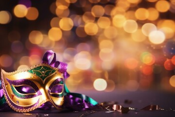 Festive mardi gras mask with purple and gold decorations and confetti on a sparkling background celebrating carnival