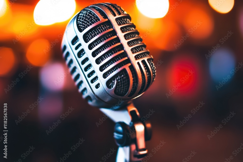 Poster a high-angle view of a microphone on its stand, ready for use