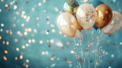 Elegant balloons, white gold and silver, floating against teal background, shimmering confetti, celebration, festive atmosphere, 3D rendering, high detail, studio lighting, glossy surfaces, party deco