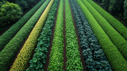 Lush rows of diverse crops in vibrant green agricultural field