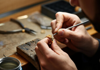 Jeweler works on intricate ring design in workshop during daytime