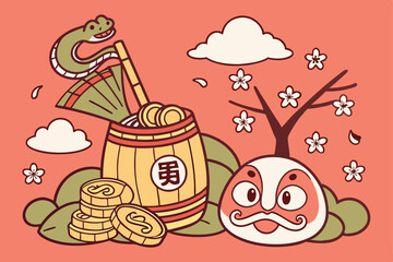 Japanese New Year, festive red background, cute cartoon snake, pine trees, plum blossoms, kadomatsu decoration, lucky mallet, fortune bags, gold coins, shishi lion dance mask, stylized clouds, flat de