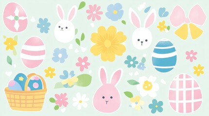 Easter celebration design with pastel bunnies, eggs, and flowers