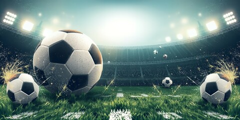 Naklejka premium Soccer balls on a field.