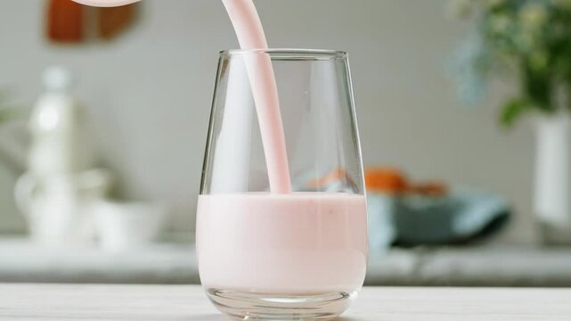 Pouring kefir yogurt into glass cup close-up. Glass with kefir or milk, lactic acid product dairy products concept. Drinking fresh lactose free in morning.