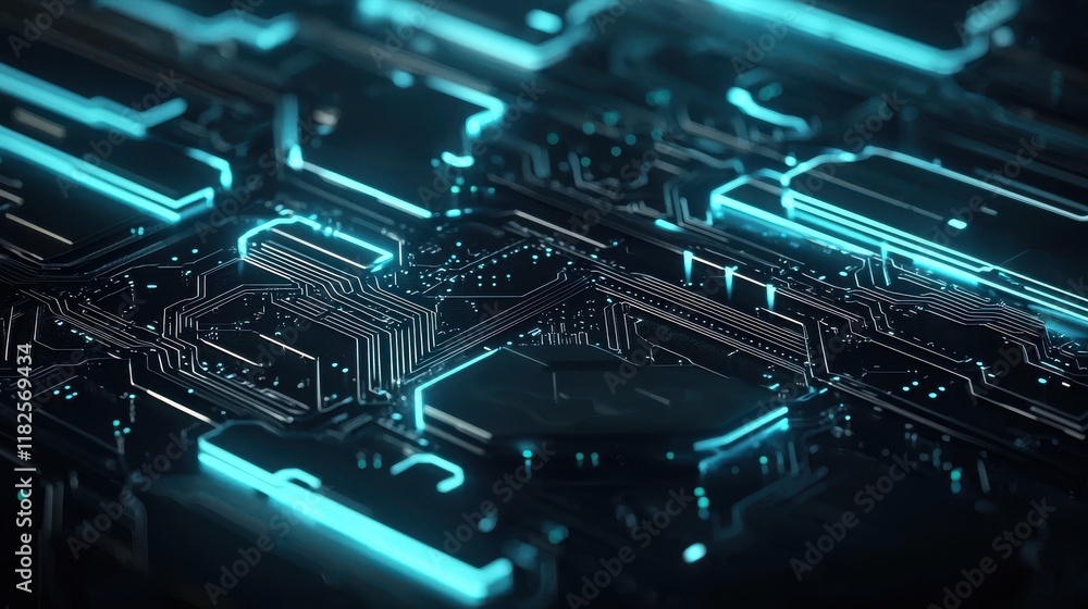 Poster abstract circuit board close-up digital technology environment high-tech viewpoint illuminated cyan 