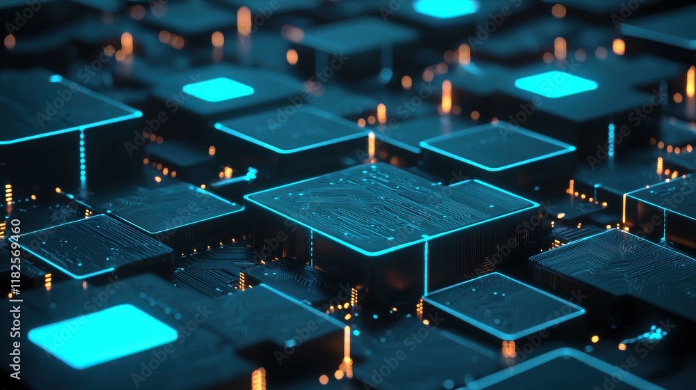 Poster dynamic action of abstract circuit board with bright cyan lights technology hub digital art futurist