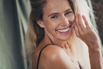 No filter studio photo of pretty carefree woman wear lingerie laughing enjoying self acceptance...