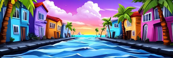 2D animated coastal community after a hurricane 