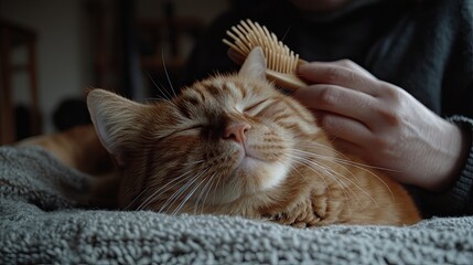 A cat enjoys a relaxing grooming session at home during a cozy afternoon