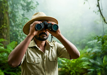 Forest explorer uses binoculars to observe wildlife in a misty environment during a morning expedition