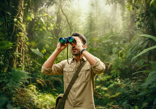Man explores tropical rainforest using binoculars to observe wildlife in a lush, vibrant environment during daylight hours - Powered by Adobe