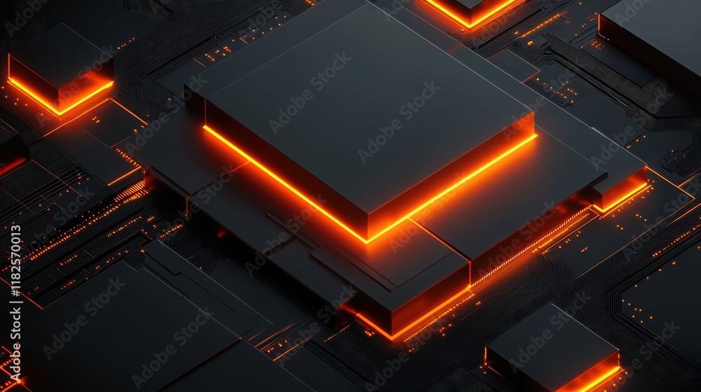 Poster dynamic abstract circuit board design with bright orange highlights in a high-tech environment