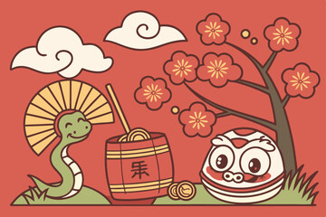 Japanese New Year, festive red background, cute cartoon snake, pine trees, plum blossoms, kadomatsu decoration, lucky mallet, fortune bags, gold coins, shishi lion dance mask, stylized clouds, flat de
