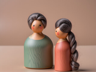 A charming set of wooden figurines featuring two stylized women with unique hairstyles, standing against a soft, muted background.