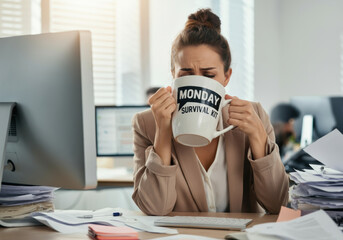 Office worker struggling with Monday blues while holding a coffee mug in a busy workspace