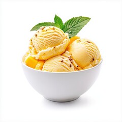 A delicious bowl of Mango Ice Cream topped with fresh mint leaves, perfect for a refreshing dessert on any occasion.
