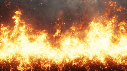 Intense flames engulf an open area during a wildfire in the forest at sunset