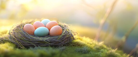 Colorful easter eggs in nest on sunlit mossy surface