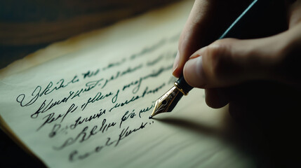 Close-up of a hand writing in elegant cursive with a fountain pen on aged paper, evoking a vintage and nostalgic atmosphere.