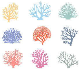 Set of hand drawn corals of different shapes and colors. Underwater flora, sea plants. Vector botanical illustration.