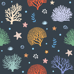 Seamless pattern with hand drawn corals of different shapes and colors. Underwater flora, sea plants. Vector botanical illustration.