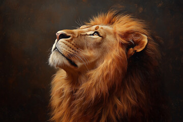 Majestic Lion in Thoughtful Pose, Symbolizing Strength and Majesty, Against Dark Background.