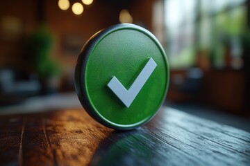 A green button with a white check mark symbolizing approval or confirmation
