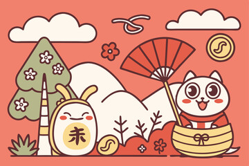 Japanese New Year, festive red background, cute cartoon snake, pine trees, plum blossoms, kadomatsu decoration, lucky mallet, fortune bags, gold coins, shishi lion dance mask, stylized clouds, flat de