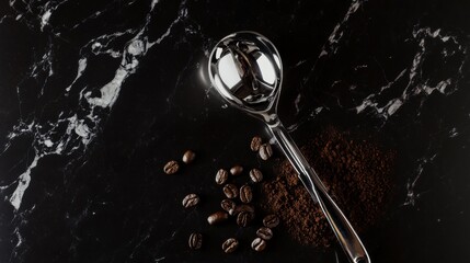 Dark Coffee Beans and a Stylish Spoon on a Black Marble Surface. Exquisite Coffee Preparation. Coffee Beans and Grounds. A Coffee Lover's Delight.