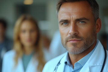 Fototapeta premium Medical professionals engaged in a serious discussion in a clinical environment during working hours