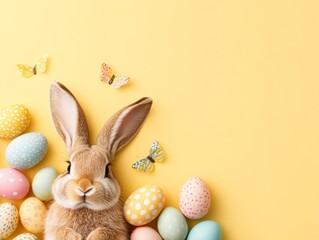 Playful bunny with colorful easter eggs and butterflies on yellow background