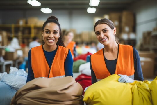 Two cheerful women wearing reflective vests sorting donated clothes at a non profit organization warehouse